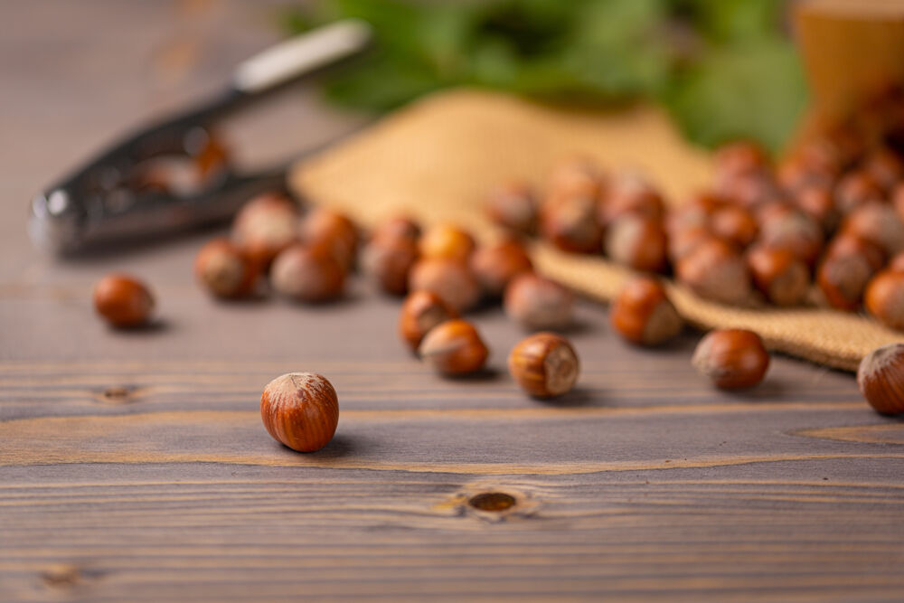 Nocciole e schiaccianoci su tavolo